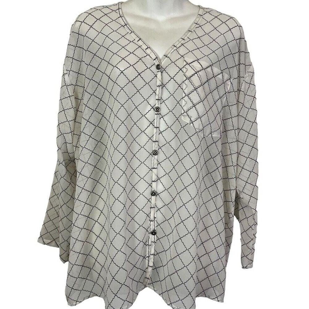 Cabi 740 Womens White Sheer Chessboard Print Button Up Roll Tab Top Shirt sz M
